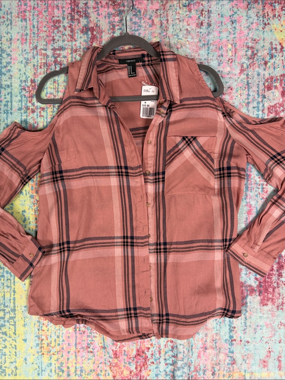 Forever 21 Mauve Plaid Cold-Shoulder Button-Up